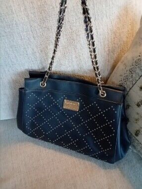 bebe Black Quilted Shoulder Faux Leather Studded Bag with Chain Straps